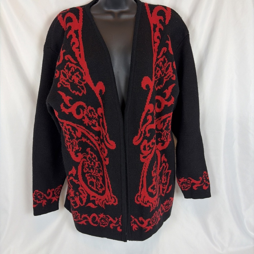 Vtg JH Collectible Women Large Red Black Swirls Heavy Wool Open Cardigan EUC 90s